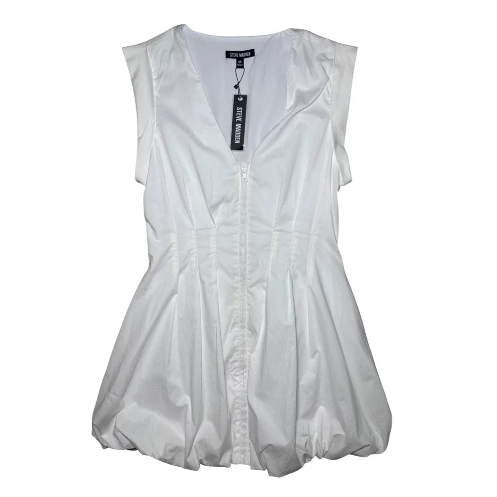 Steve Madden Bubble Hem Zip Gale Dress Women Medium White Sleeveless V-Neck NWT - Picture 1 of 11